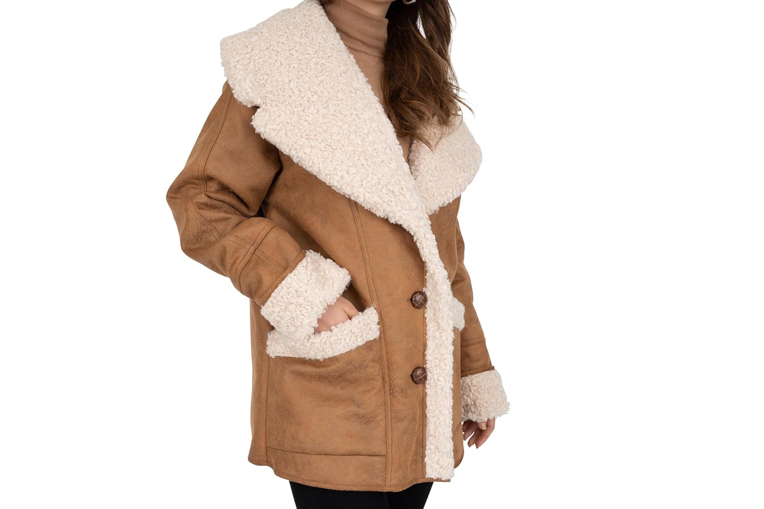 関税込★INSTANTFUNK★Slim-fit faux-fur shearling half coatf FRYE Women's Faux Shearling Coat with Patch Pockets, Luggage